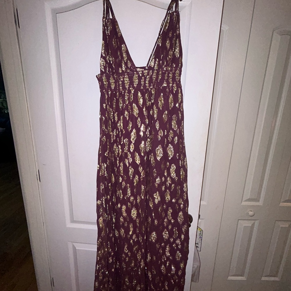 Chic Formal Burgundy and Gold Maxi Dress Tie Straps and Plunge neckline
